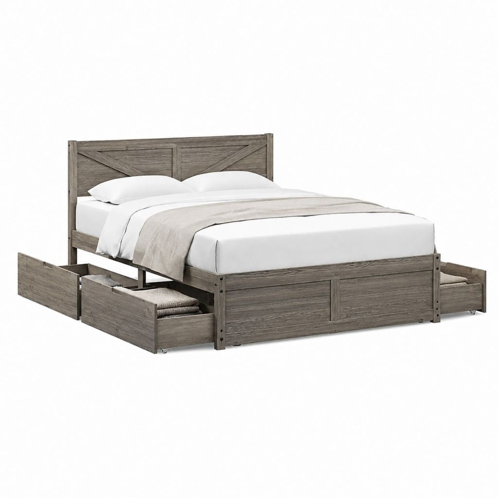Stauraumbett Doppelbett Grau Massives Kiefernholz Rechteckig 160 x 200 cm mit 4 Schubladen
