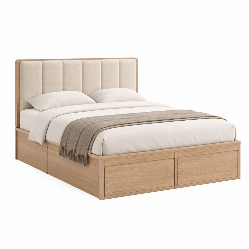 Stauraumbett Doppelbett Natur Eiche MDF Rechteckig mit gepolstertem Kopfteil 160 x 200 cm