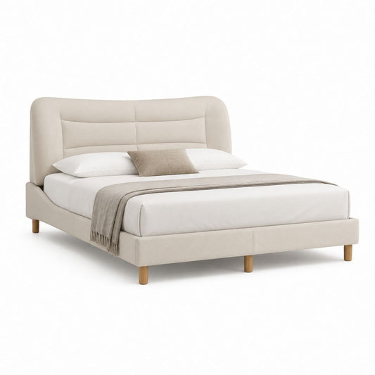 Polsterbett Doppelbett Beige aus Polyester mit Holzfüßen 160 x 200 cm