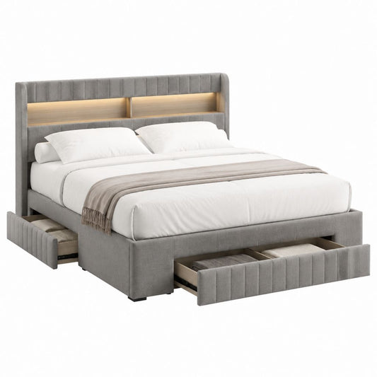 Polsterbett mit LED-Beleuchtung und Schubladen Grau Polyester Rechteckig 180 x 200 cm