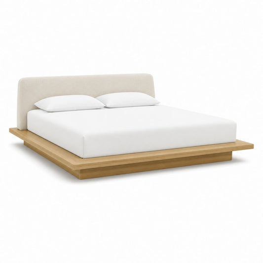 Bettgestell 180 x 200 cm Naturbeige aus Eichenholz mit gepolstertem Kopfteil