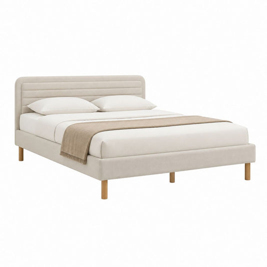 Polsterbett Beige Polyester 160 x 200 cm mit gepolstertem Kopfteil und Holzfüßen