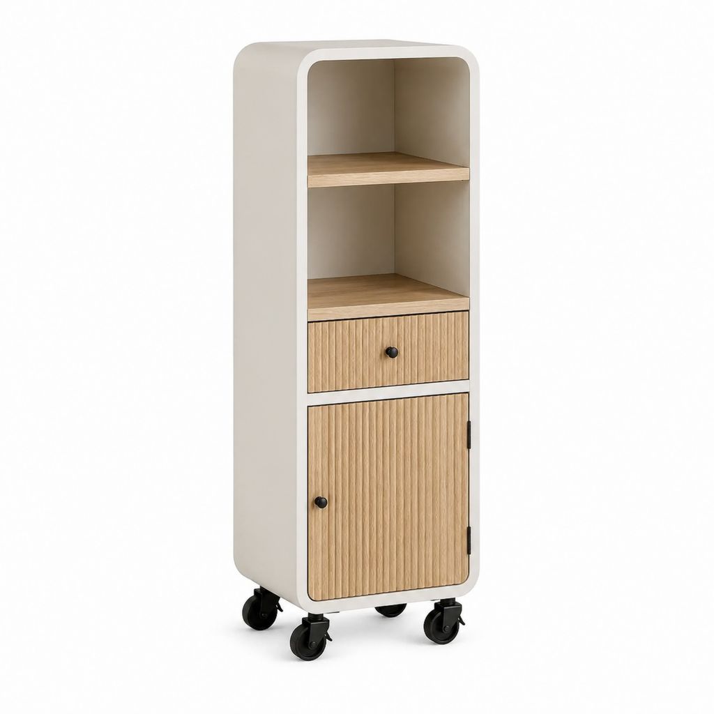 Rollregal mit Schublade und Tür in Weiß Eichenoptik aus MDF 45 x 35 x 120 cm