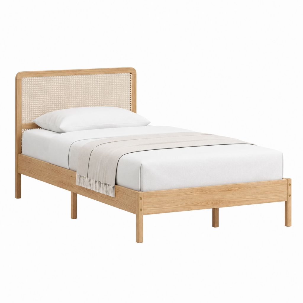 Bettgestell aus massivem Eichenholz mit Rattan-Kopfteil Natur 90 x 200 cm