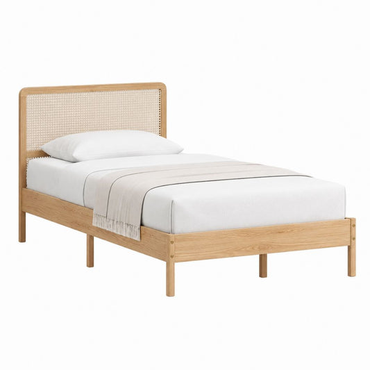 Bettgestell aus massivem Eichenholz mit Rattan-Kopfteil Natur 90 x 200 cm